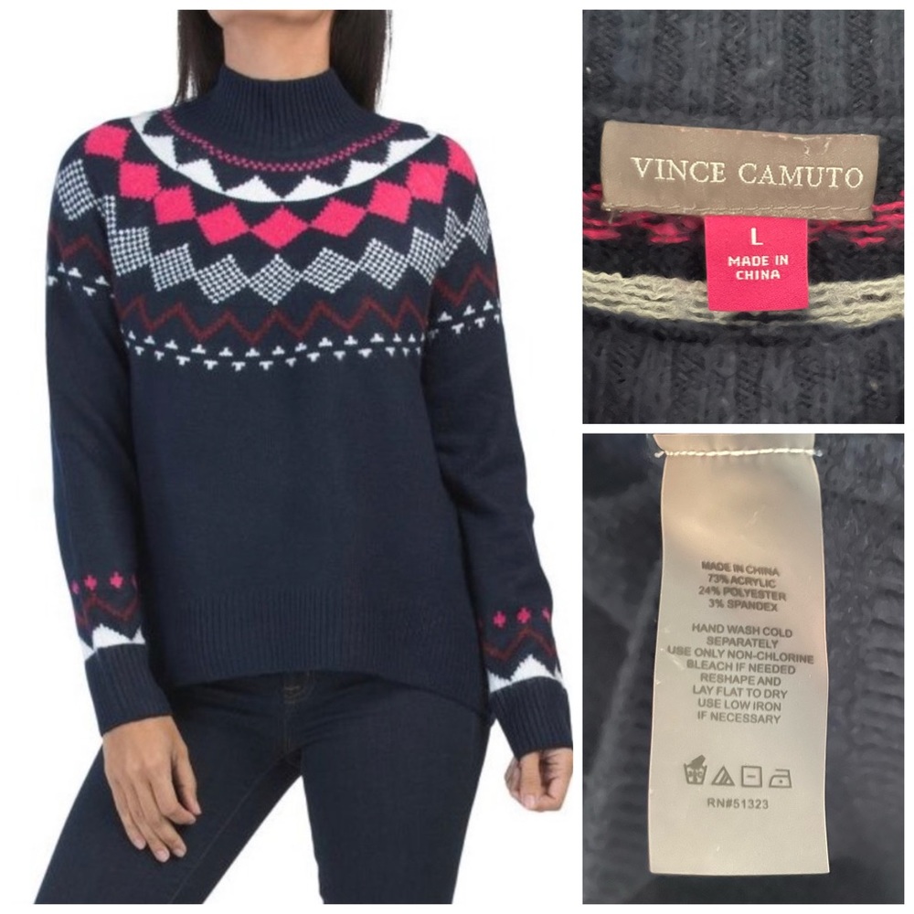 VINCE CAMUTO Mock Neck Fair Isle Sweater Multicolor Size Large EUC